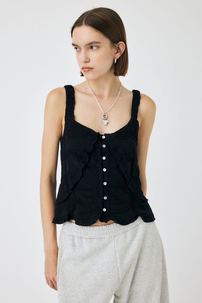 MOUSSY「BUTTON UP SMOCKING キャミ」|キャミソール|BLK