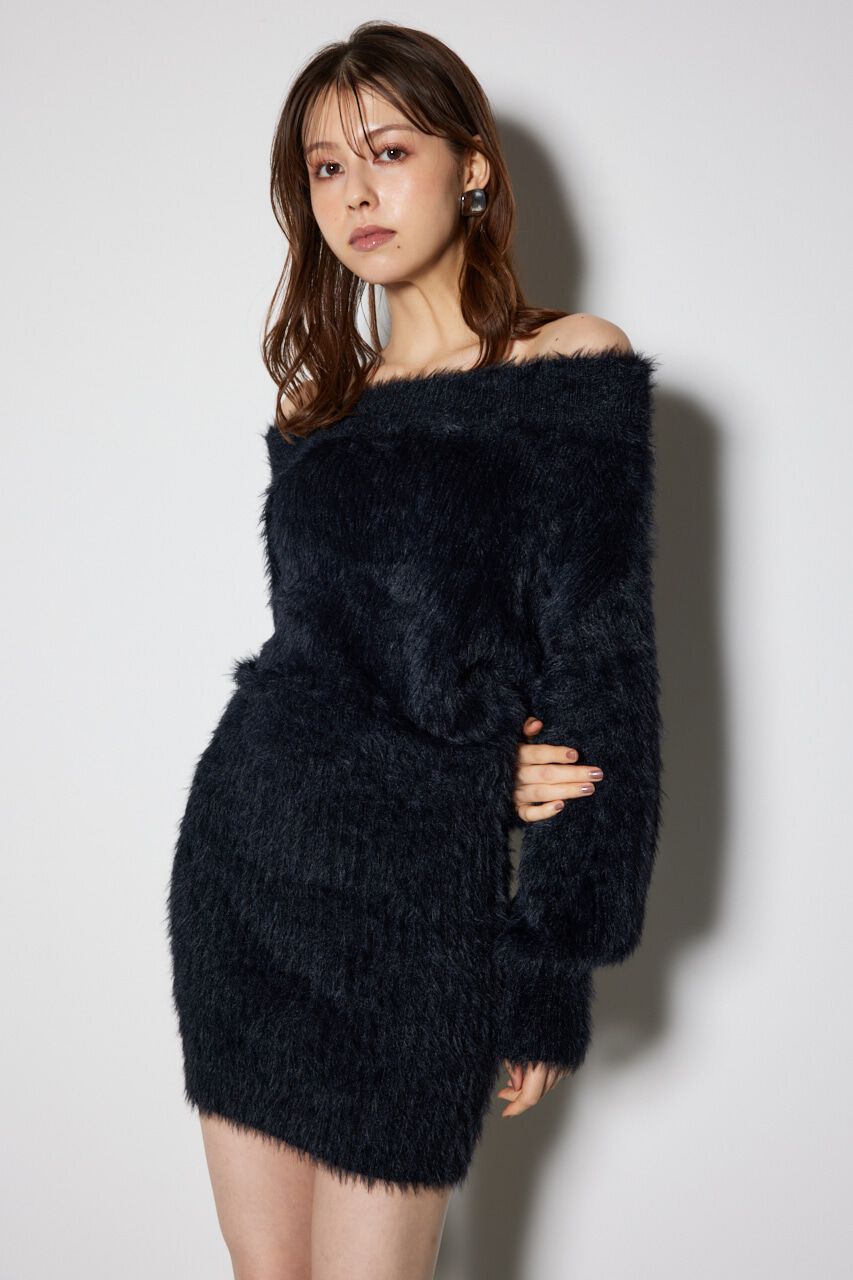 rienda「オフショルシャギーミニニットワンピース」|ワンピース|BLK