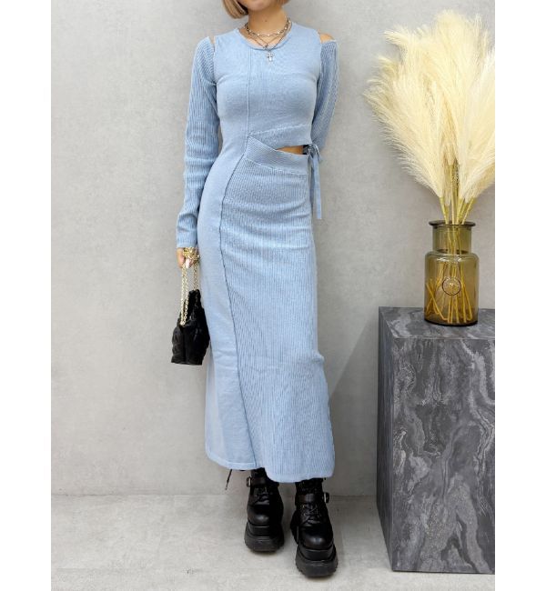 EVRIS「カッティングロングニットワンピース」|ワンピース|ブルー