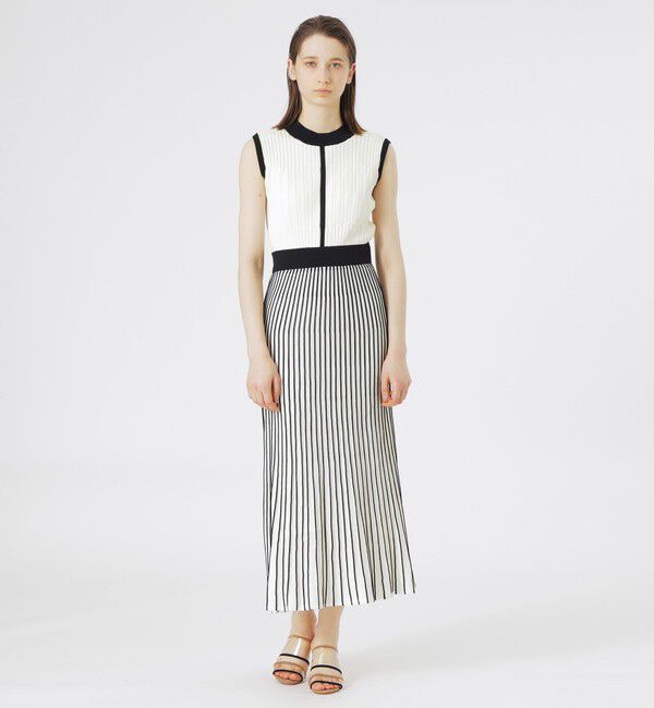  「【ストレッチ】バイカラープリーツライクニットワンピース」|ワンピース|