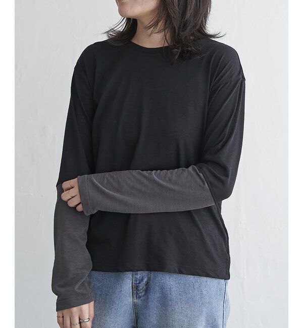 VENCE share style「梨地袖配色トップス」|その他|ブラック
