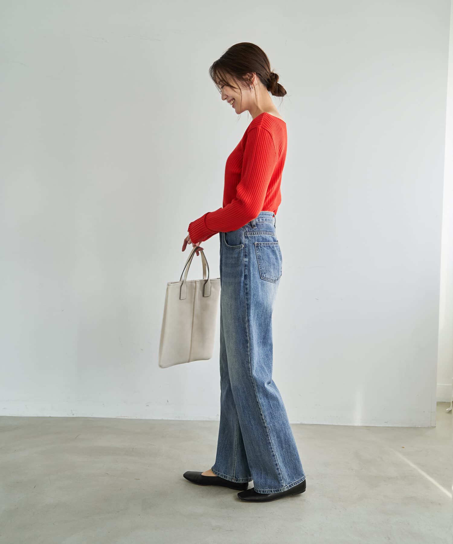 STYLE DELI「袖口折り返しボートネックリブトップス」|ニット・セーター|