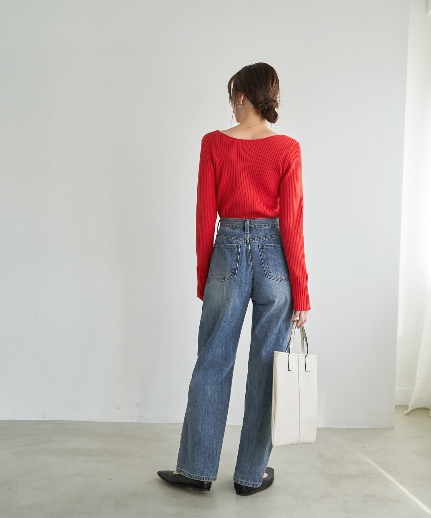 STYLE DELI「袖口折り返しボートネックリブトップス」|ニット・セーター|