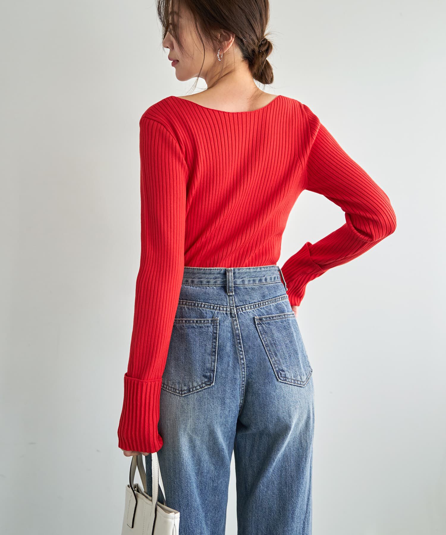 STYLE DELI「袖口折り返しボートネックリブトップス」|ニット・セーター|