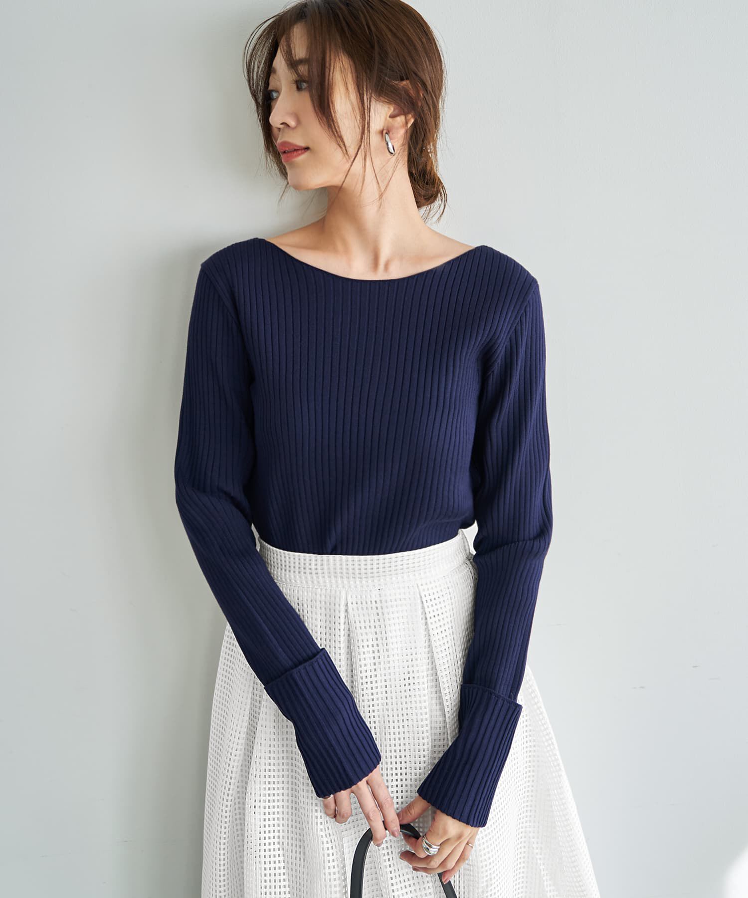 STYLE DELI「袖口折り返しボートネックリブトップス」|ニット・セーター|ネイビー