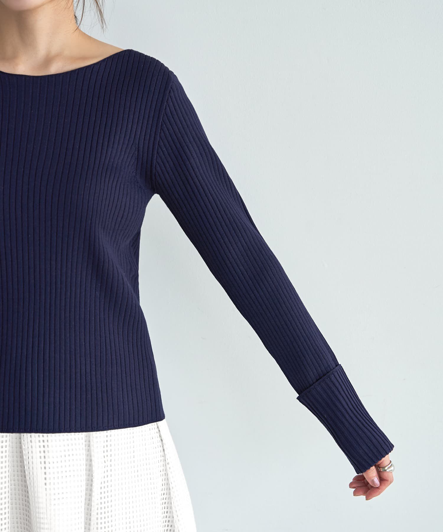 STYLE DELI「袖口折り返しボートネックリブトップス」|ニット・セーター|