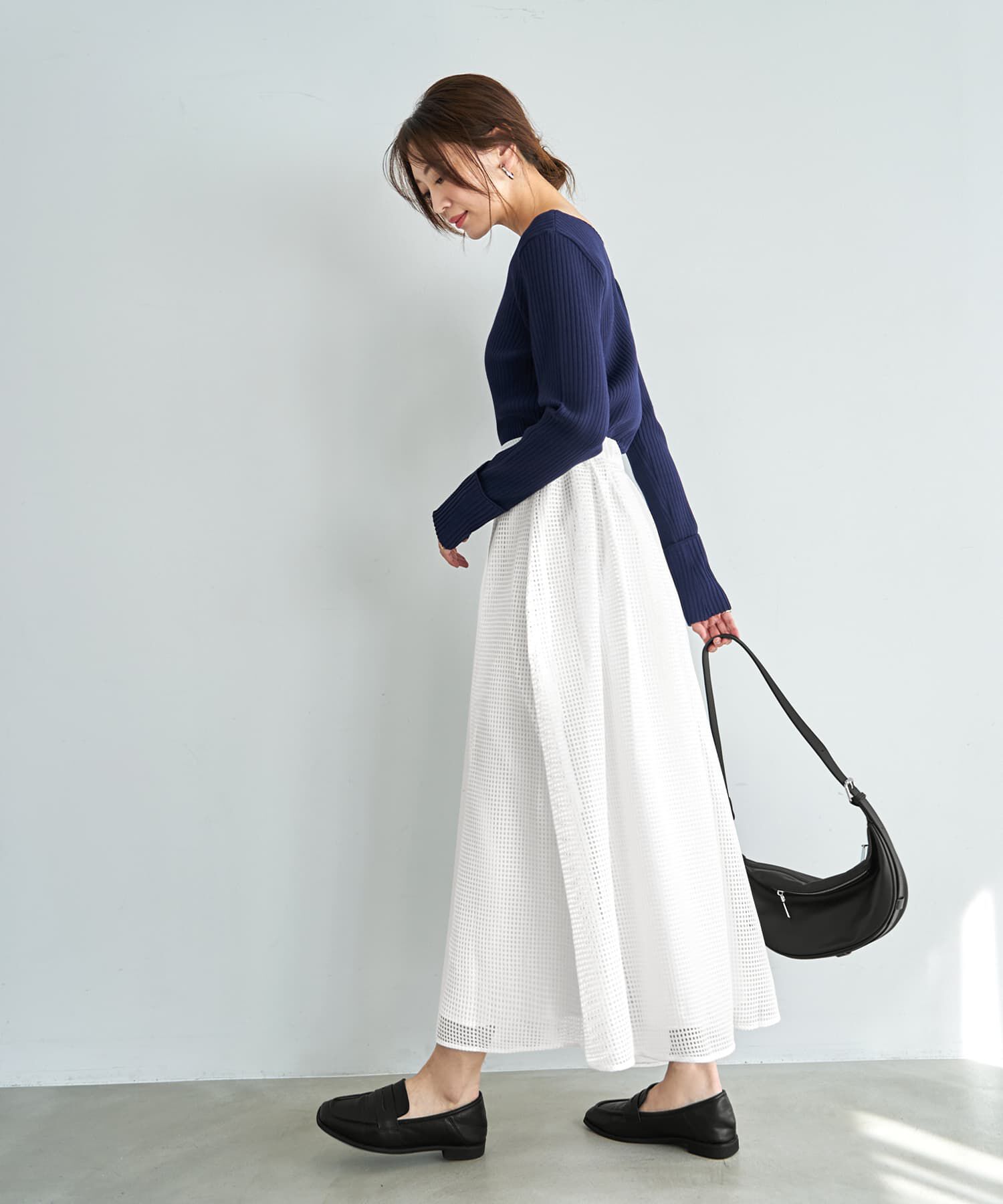 STYLE DELI「袖口折り返しボートネックリブトップス」|ニット・セーター|