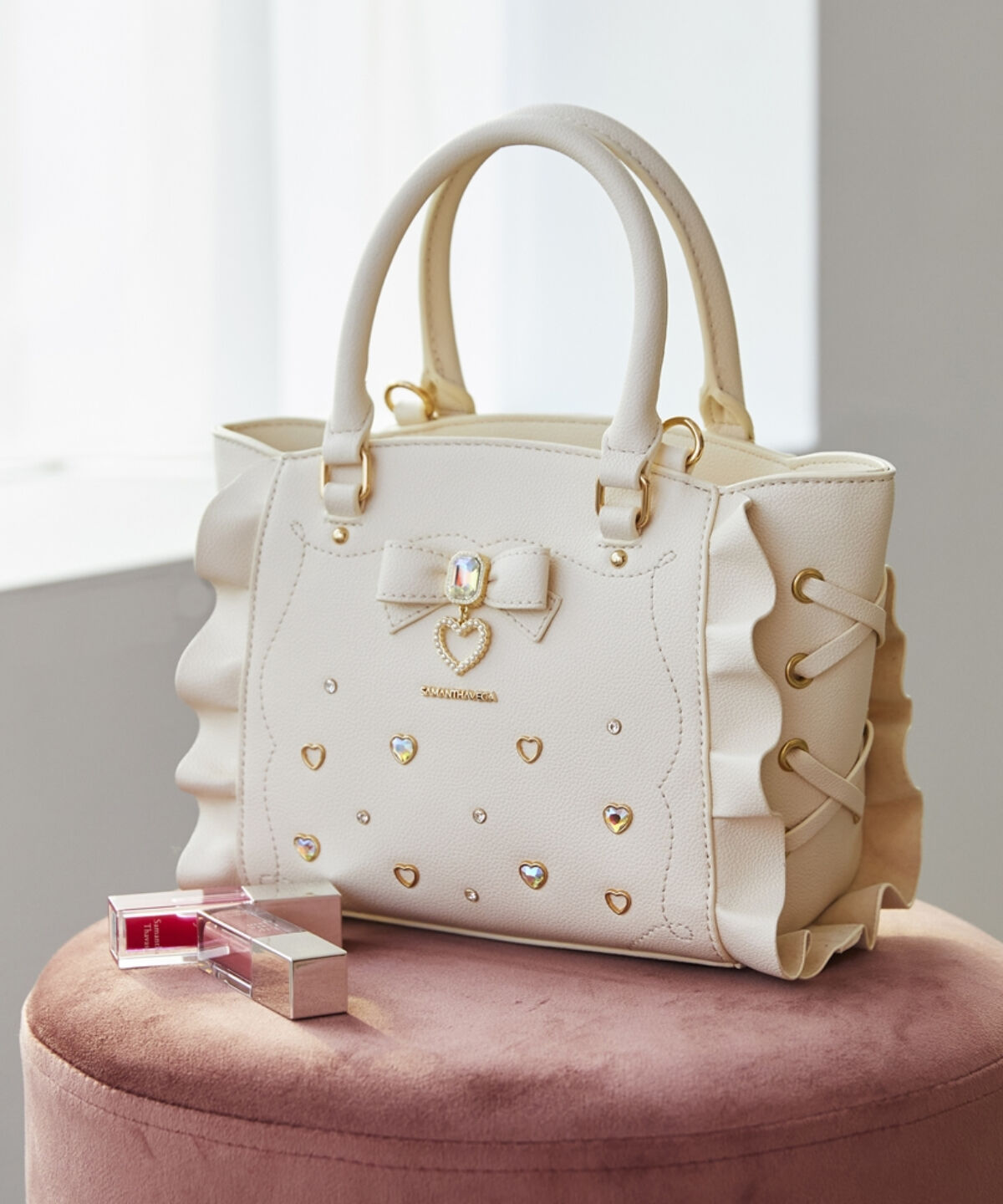 Samantha Vega「サイドレースアップリボンビジューミニフラッター」|ショルダー・メッセンジャー|オフホワイト