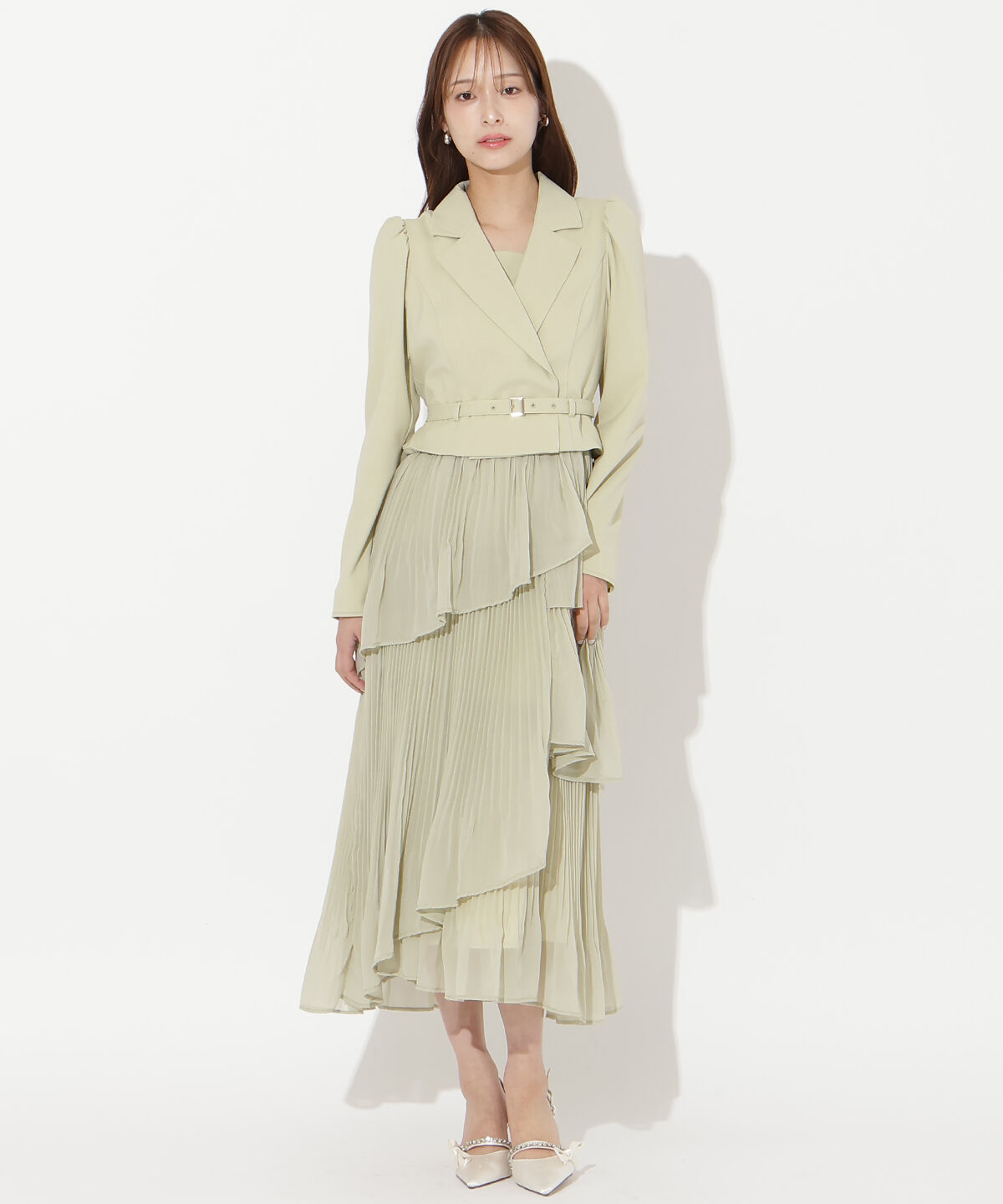 アンドクチュール「ジャケットレイヤードプリーツワンピース」|ワンピース|