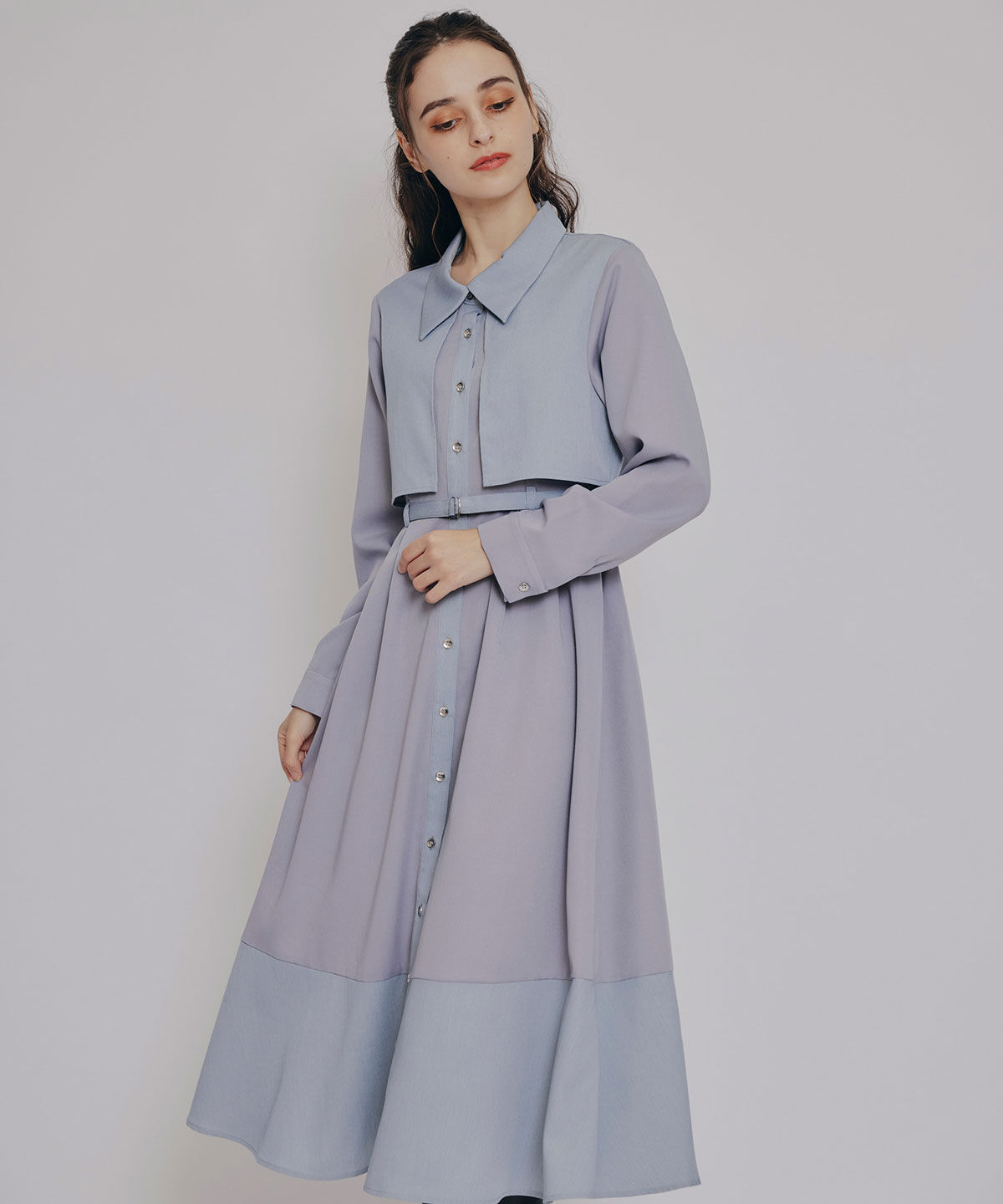 REDYAZEL「カラーブロッキングシャツロングフレアワンピース」|ワンピース|