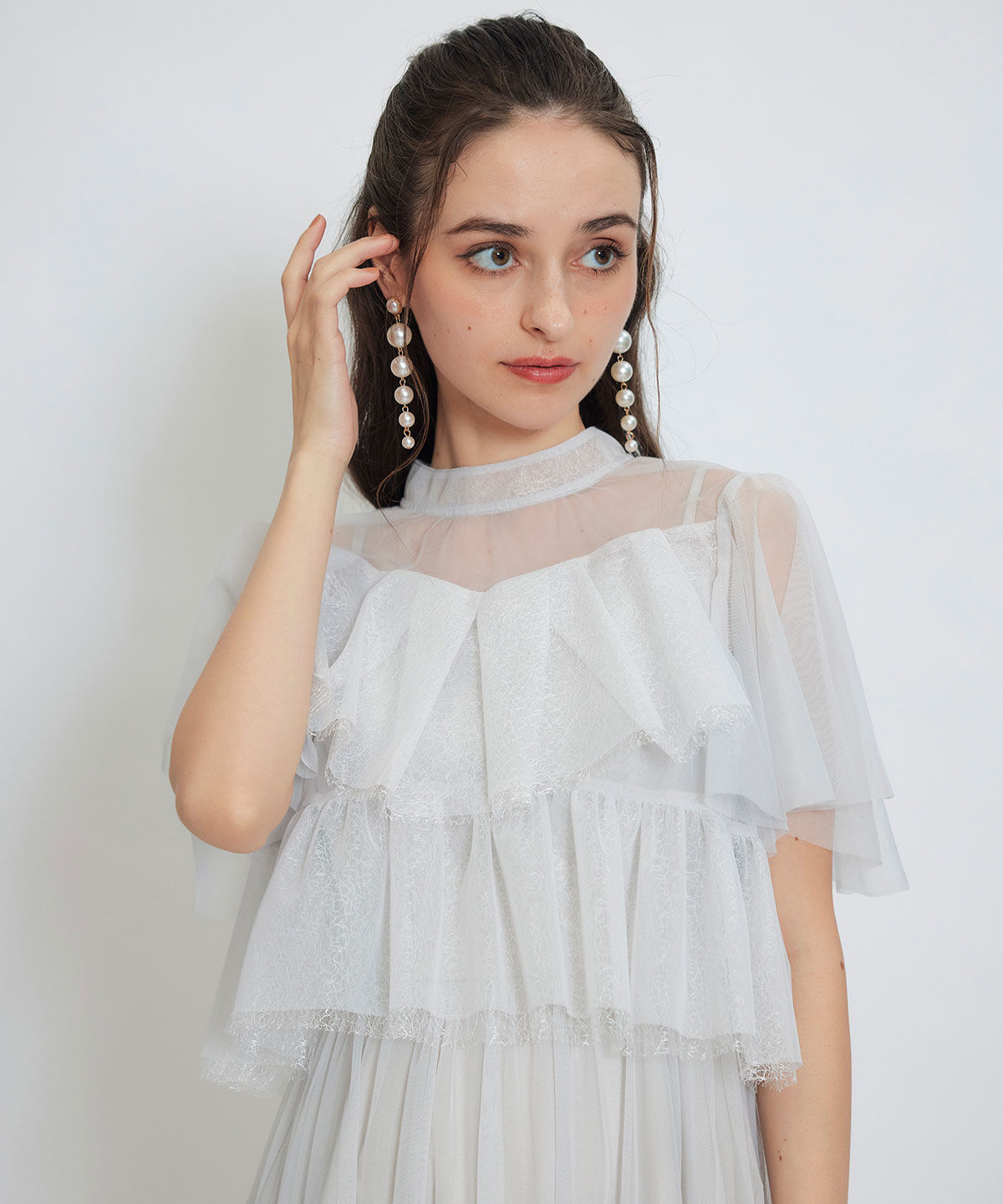 REDYAZEL「チュールレースティアードトップス&times;キャミソールフレアロングドレス」|ドレス|