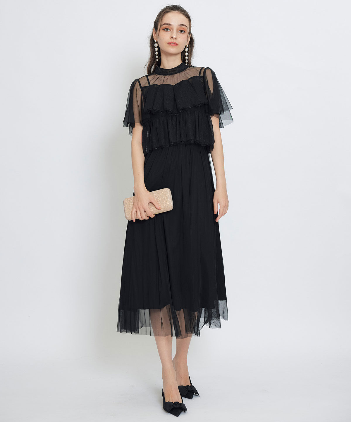 REDYAZEL「チュールレースティアードトップス&times;キャミソールフレアロングドレス」|ドレス|ブラック