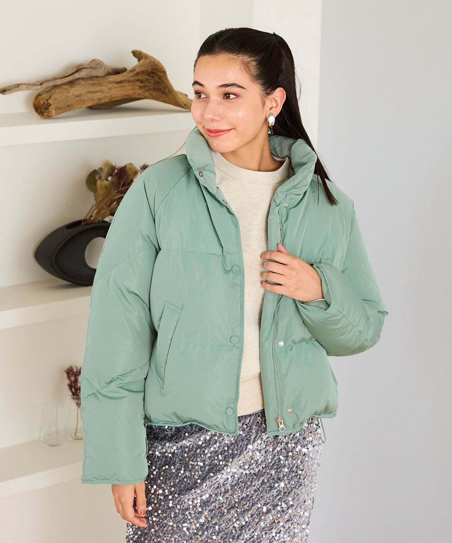 ORiental TRaffic「スタンドネック ショート ダウン ジャケット /MO43D02」|ダウン|GREEN