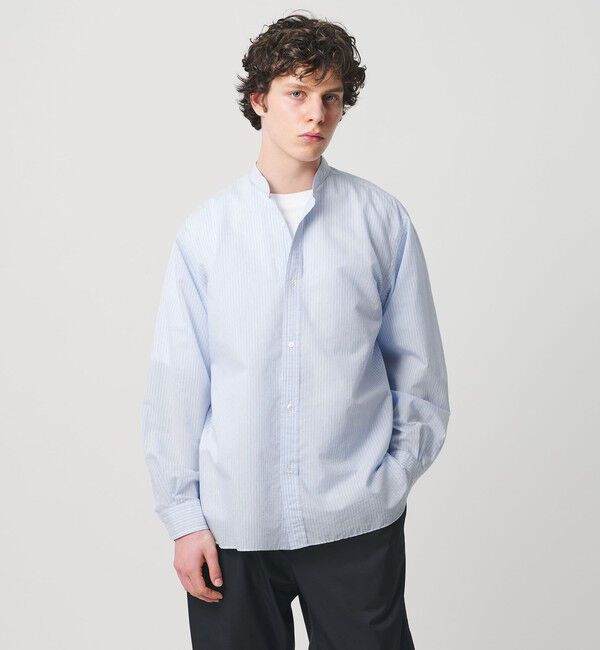 UNITED ARROWS「フェザーポプリン ストライプ バンドカラー シャツ」|シャツ・ブラウス|LT.BLUE