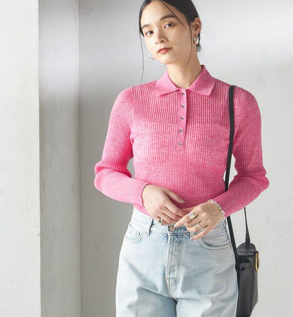 SHIPS for women「〈手洗い可能〉シアー リブ 長袖 ポロ ニット」|ニット・セーター|ピンク