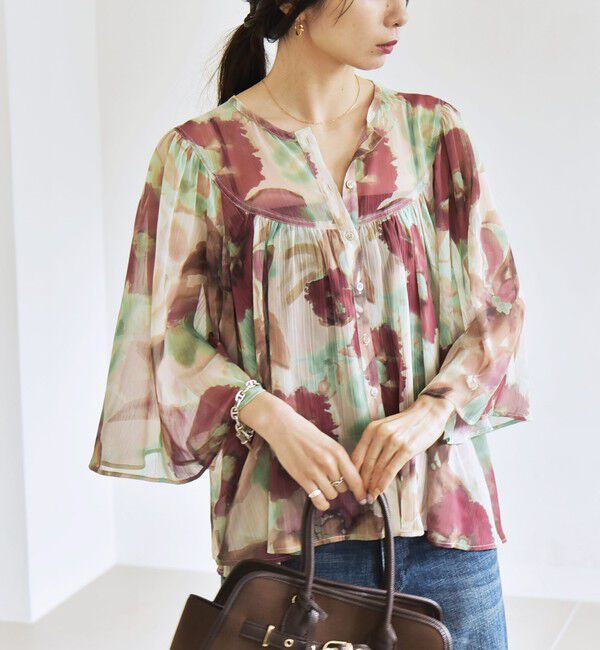 quaranciel「quaranciel:〈洗濯機可能〉シアー フラワー プリント ノーカラー ヨーク シャツ ブラウス」|シャツ・ブラウス|