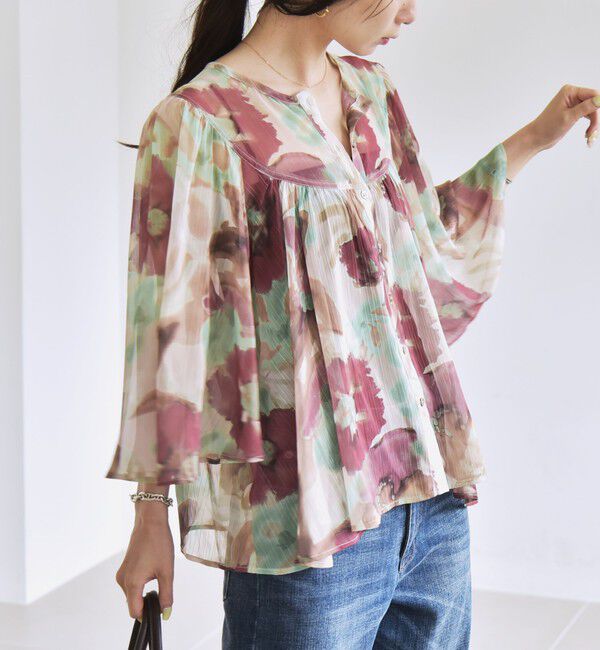quaranciel「quaranciel:〈洗濯機可能〉シアー フラワー プリント ノーカラー ヨーク シャツ ブラウス」|シャツ・ブラウス|