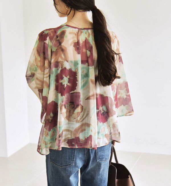 quaranciel「quaranciel:〈洗濯機可能〉シアー フラワー プリント ノーカラー ヨーク シャツ ブラウス」|シャツ・ブラウス|