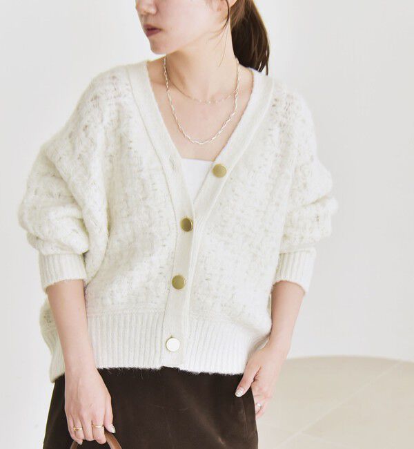 quaranciel「quaranciel: 透かし編み Vネック コンパクト ドルマンニットカーディガン」|カーディガン|