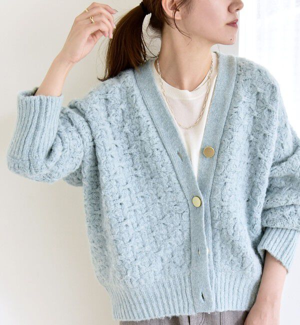 quaranciel「quaranciel: 透かし編み Vネック コンパクト ドルマンニットカーディガン」|カーディガン|