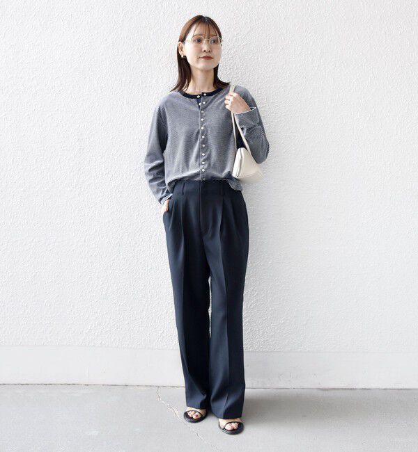 SHIPS for women「〈手洗い可能〉ポリエステル ベロア ボーダー パール モチーフ ボタン カーディガン」|カーディガン|