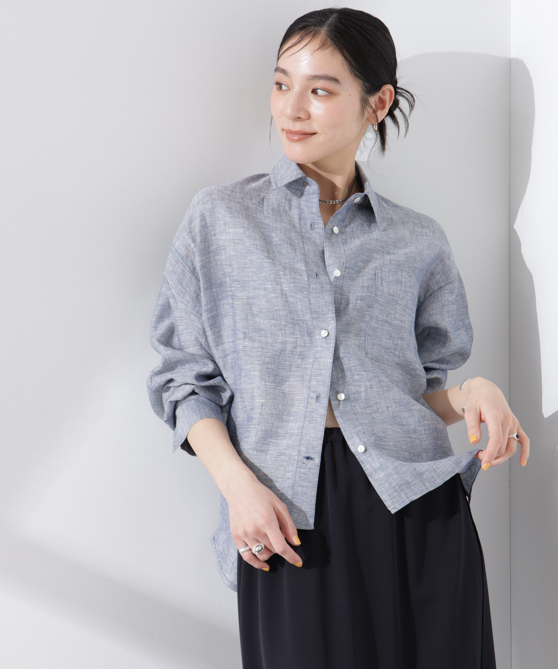 nano･universe「ヨーロピアンフラックス シアーシャツ（セットアップ可）」|シャツ・ブラウス|ネイビー