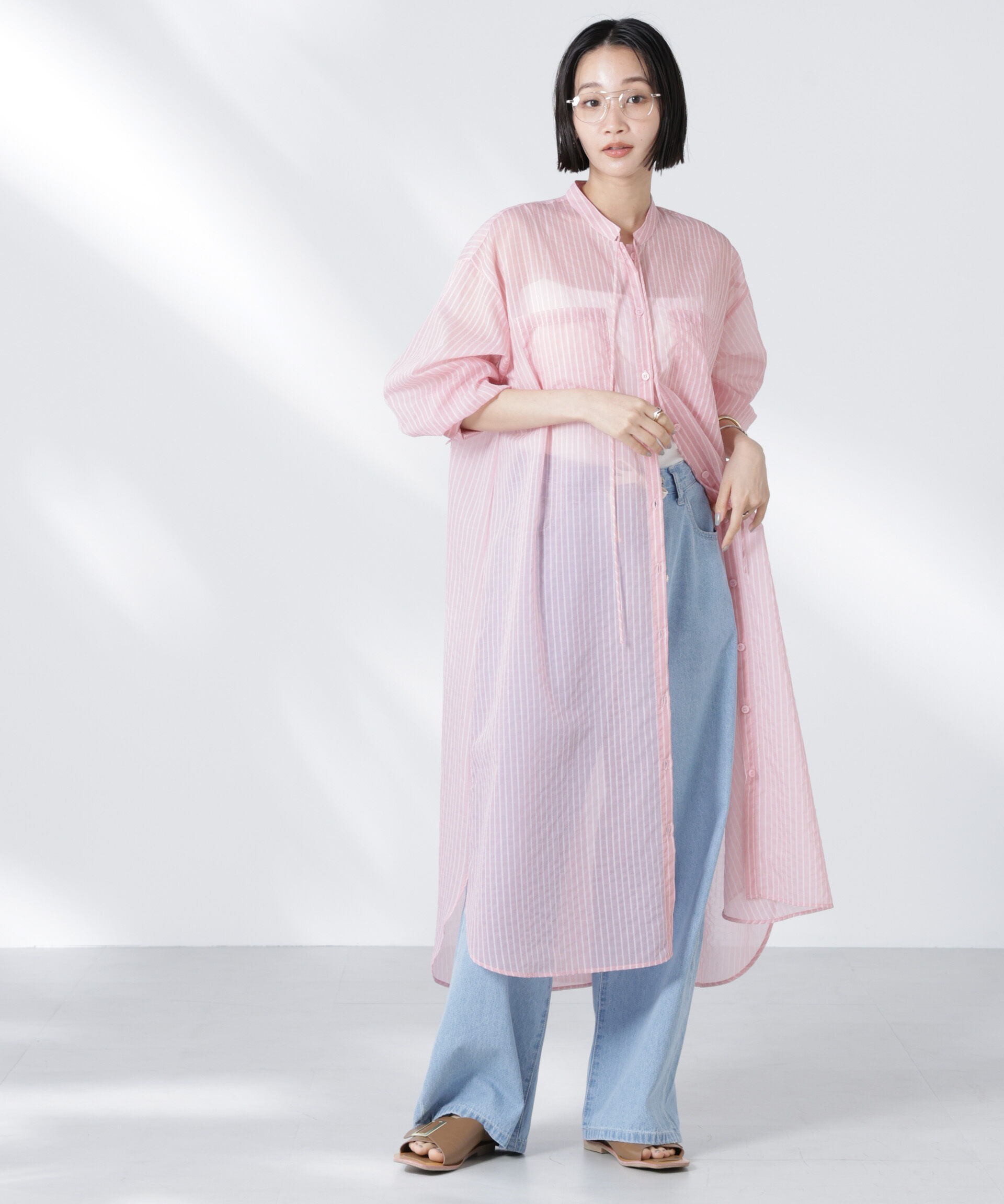 nano･universe「シアーストライプシャツワンピース」|ワンピース|ピンク