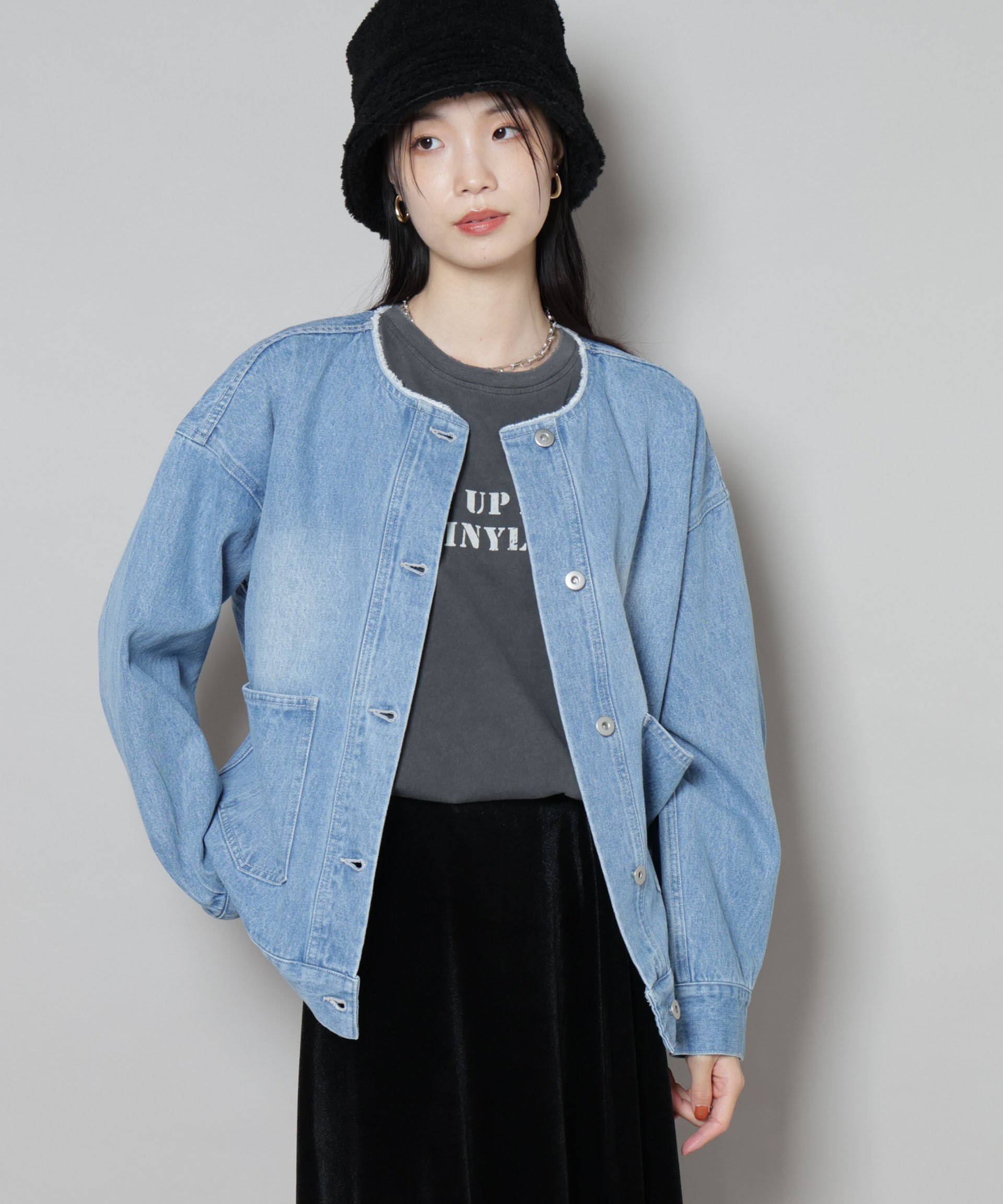 nano･universe「ノーカラーデニムジャケット」|テーラードジャケット|