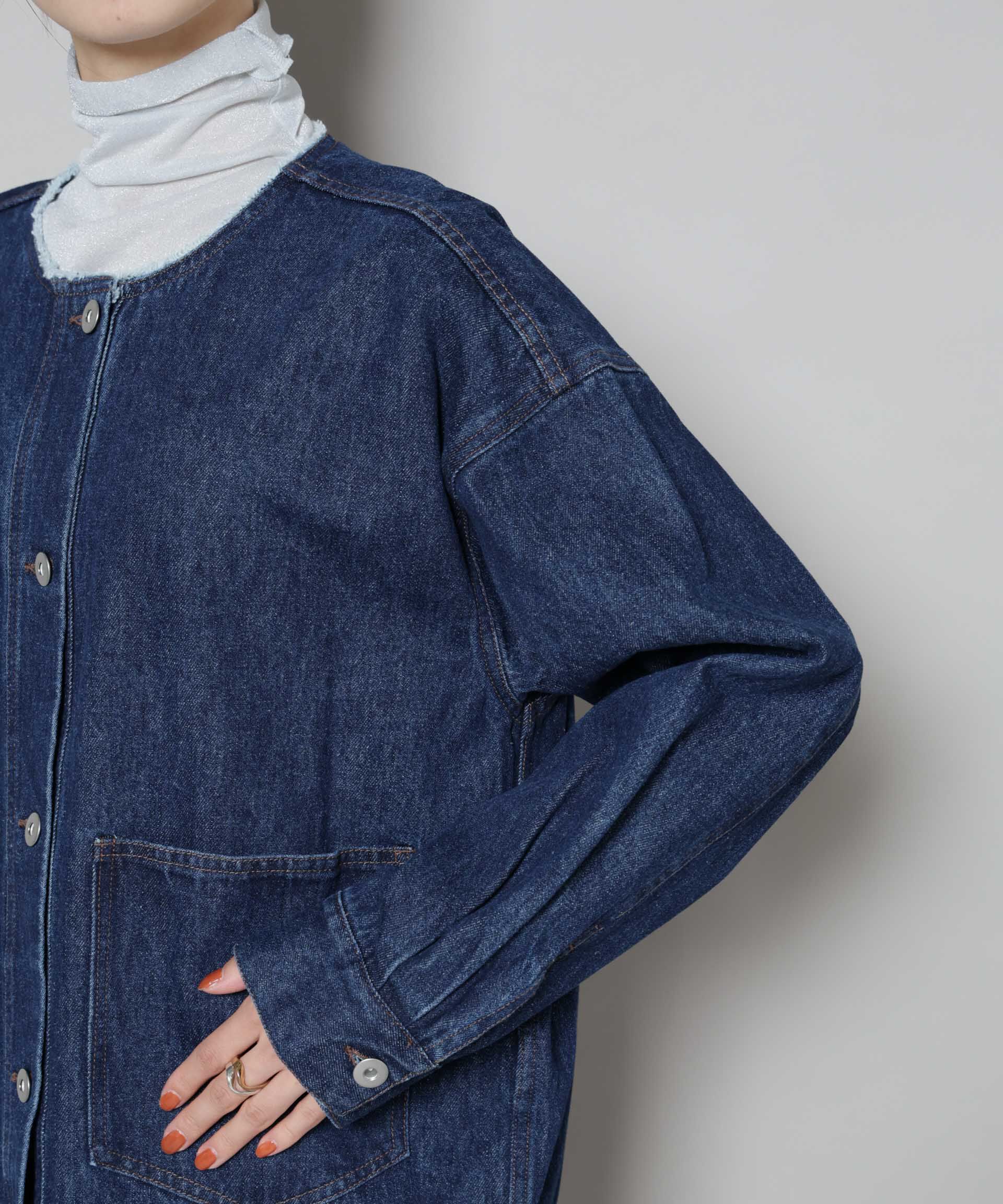 nano･universe「ノーカラーデニムジャケット」|テーラードジャケット|