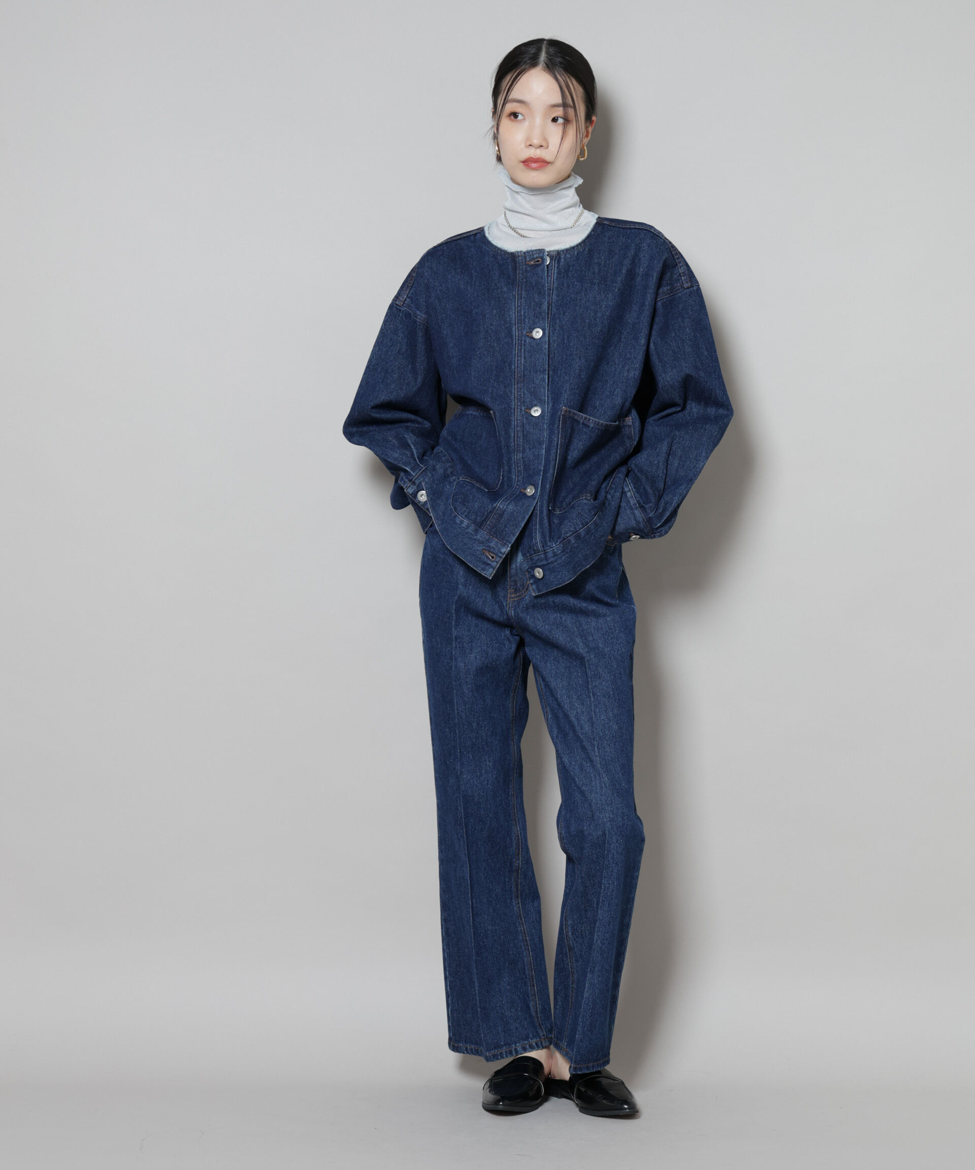 nano･universe「ノーカラーデニムジャケット」|テーラードジャケット|