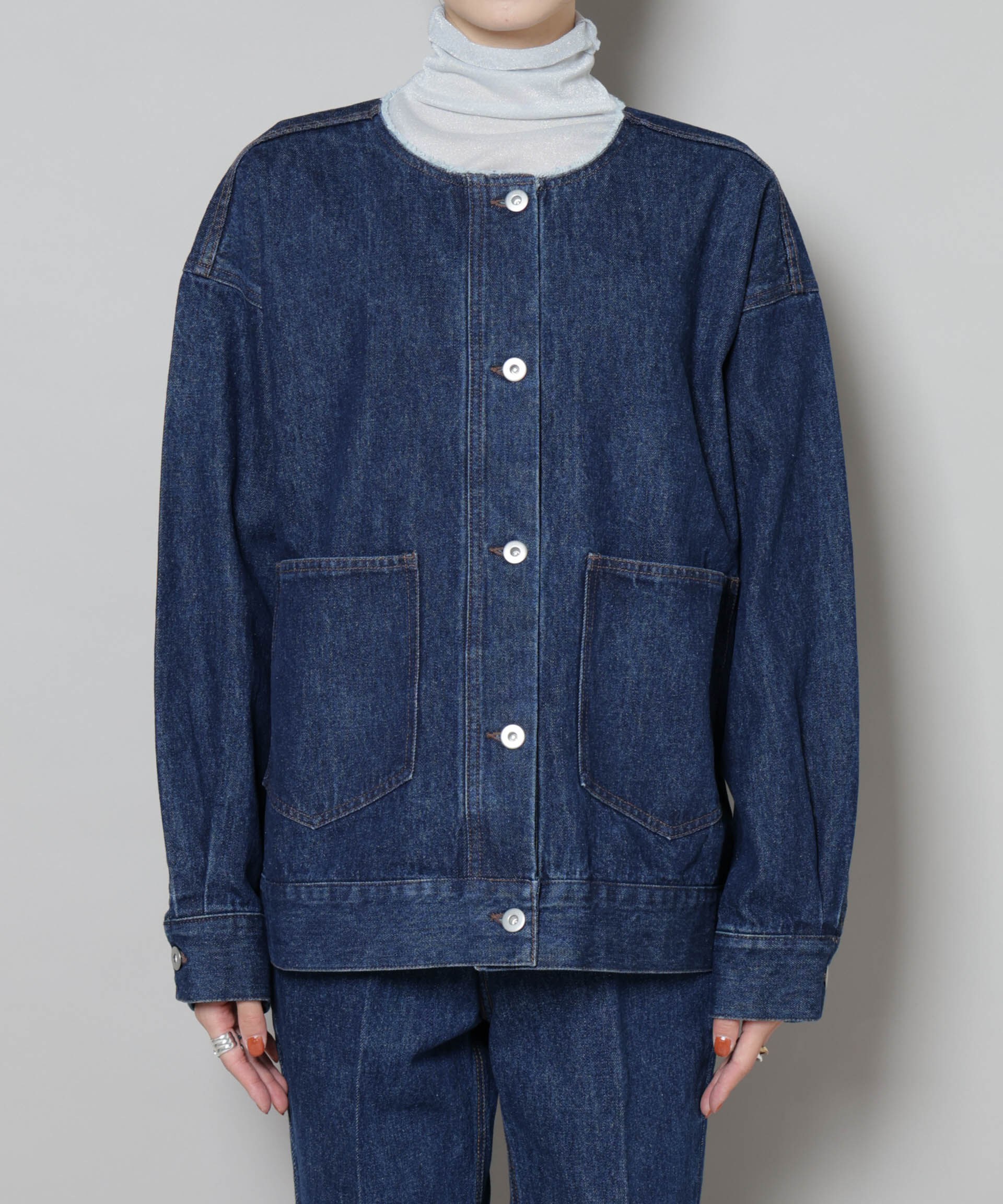 nano･universe「ノーカラーデニムジャケット」|テーラードジャケット|