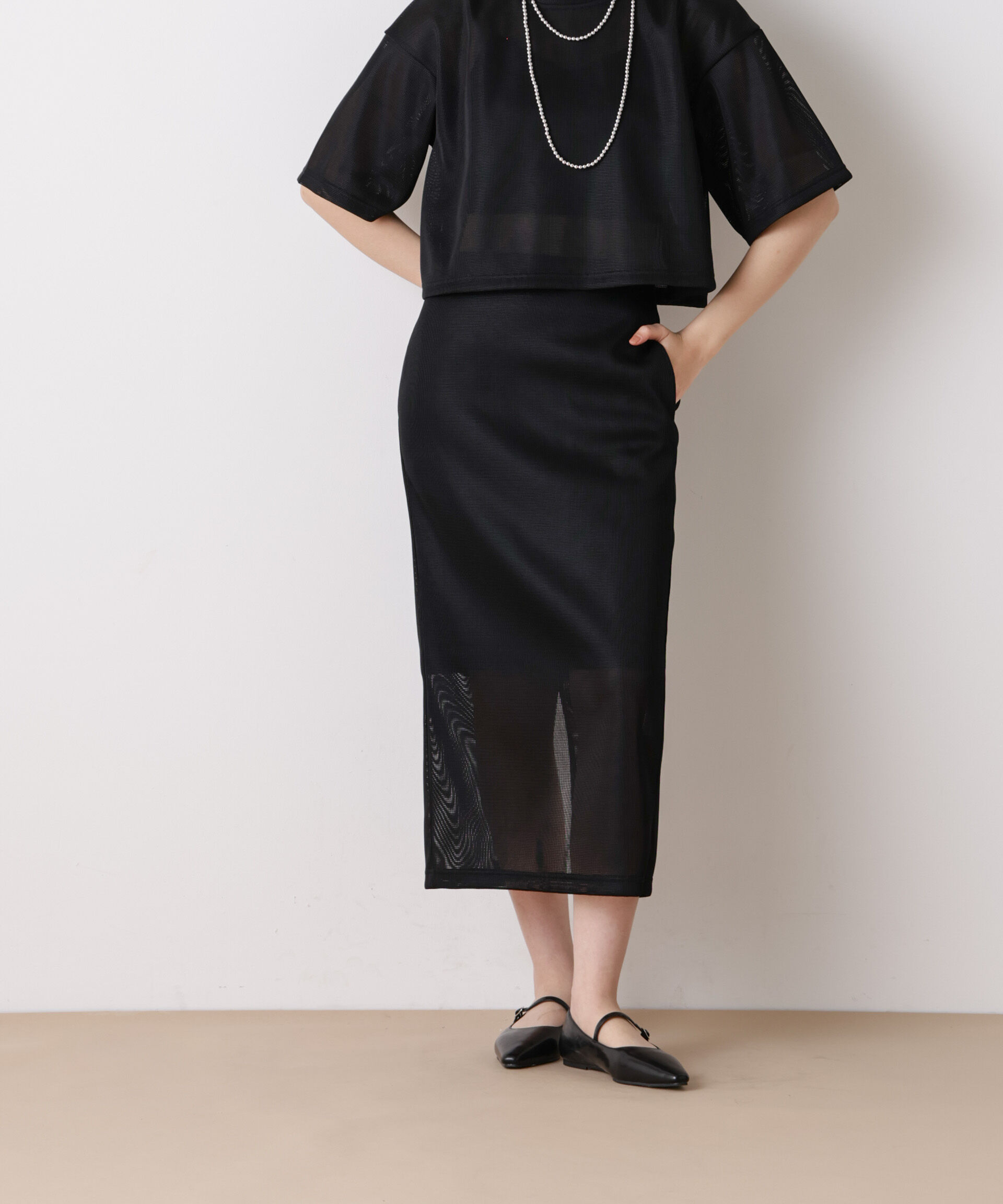 nano･universe「「STEVELOUR」シアーメッシュダンボールタイトスカート(セットアップ可)」|スカート|ブラック