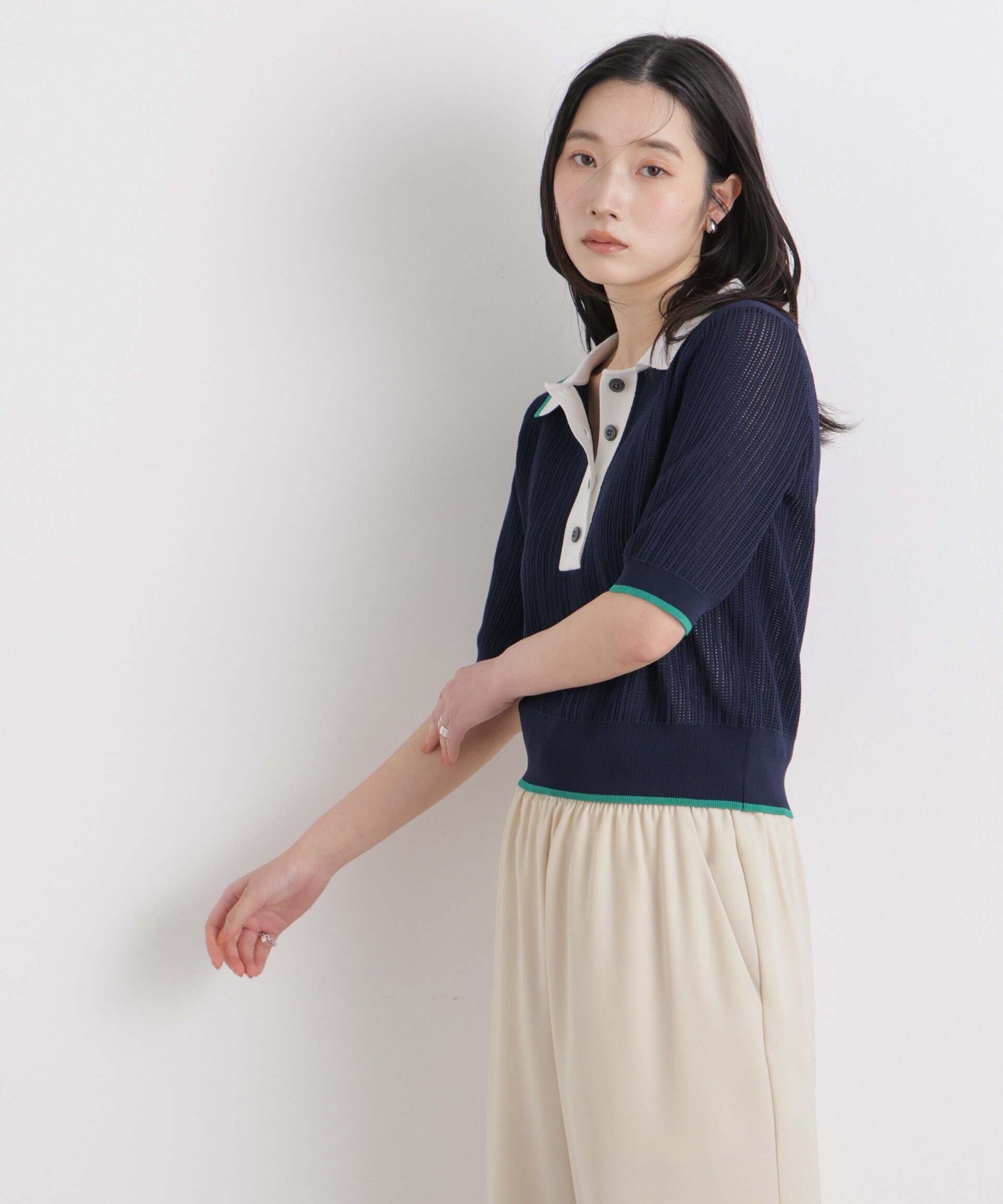 nano･universe「フレームラインアイレットポロニット」|ニット・セーター|