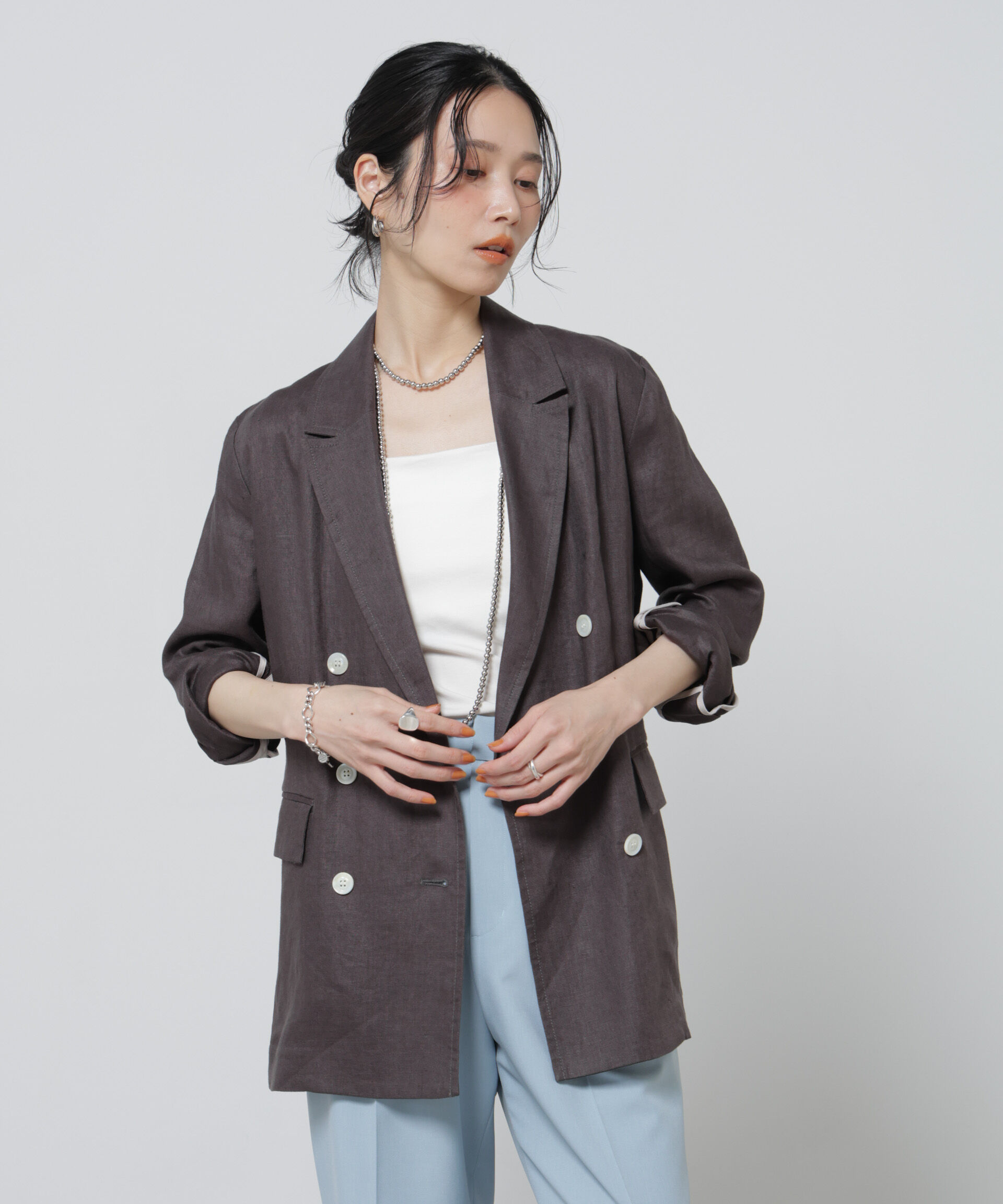 nano･universe「European Flax ダブル6Bジャケット(セットアップ可)」|テーラードジャケット|チャコール3