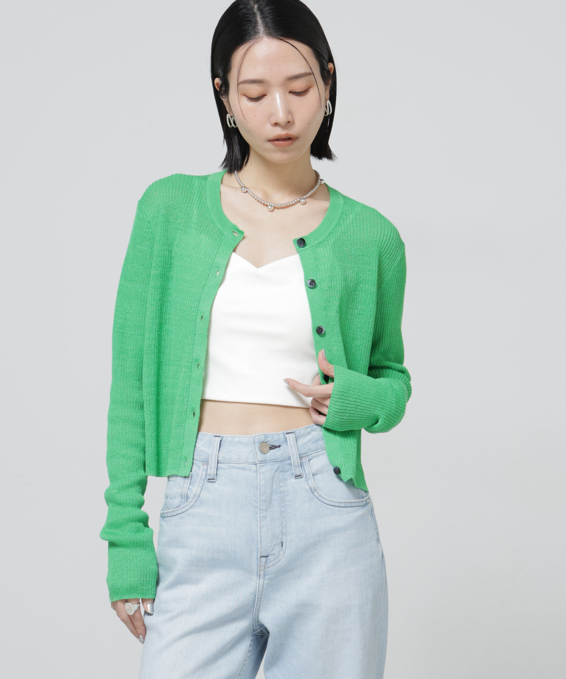 nano･universe「European Flax リブカーディガン」|ニット・セーター|グリーン