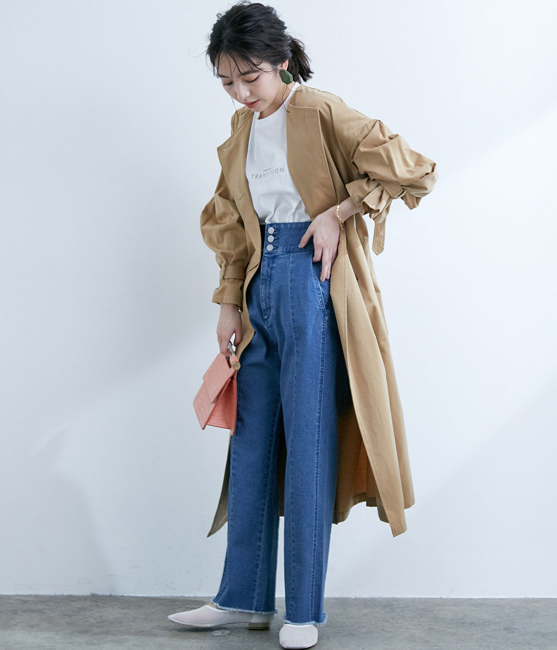 VIS「【撥水】【花粉ガード】ノーカラー袖ボリュームコート」|トレンチコート|