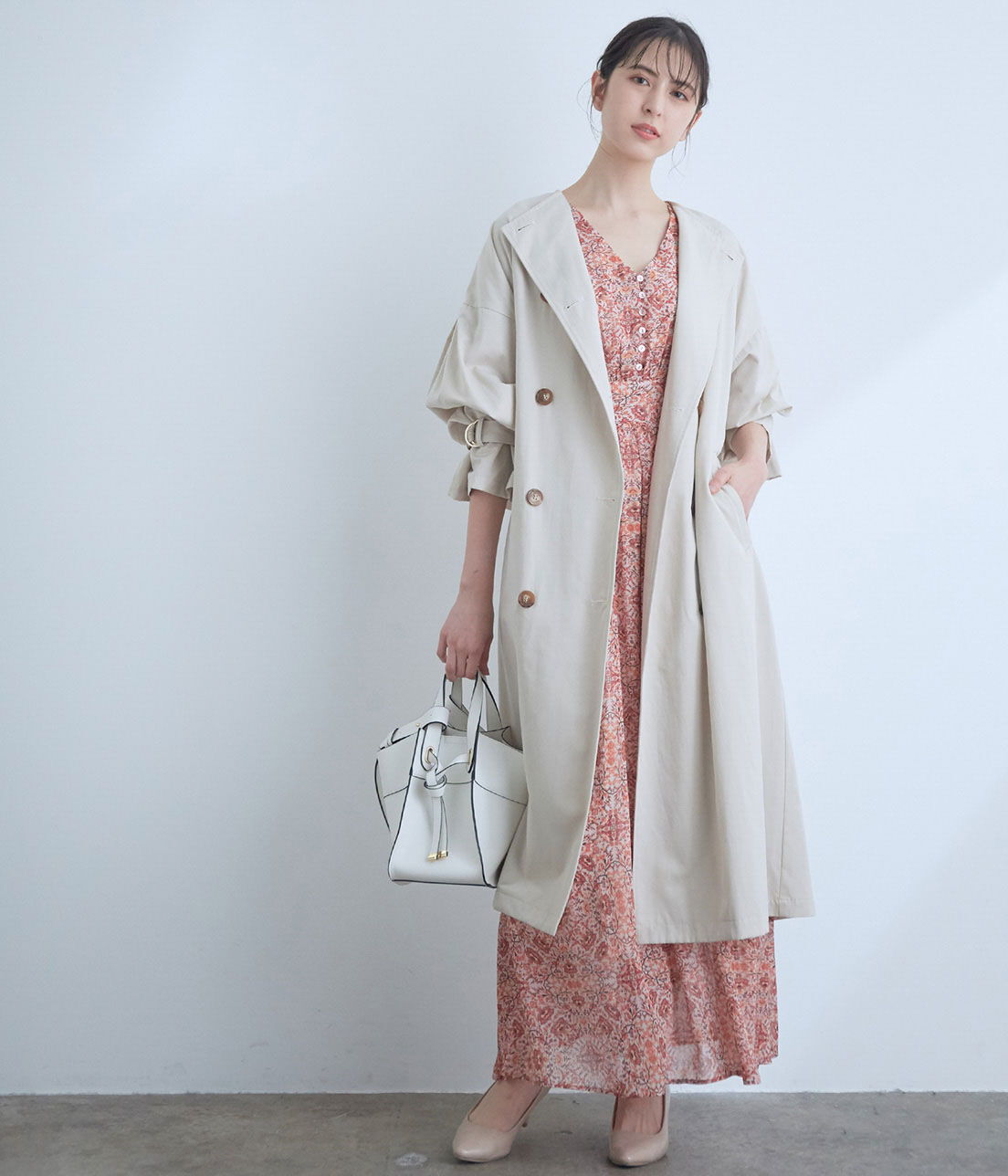 VIS「【撥水】【花粉ガード】ノーカラー袖ボリュームコート」|トレンチコート|