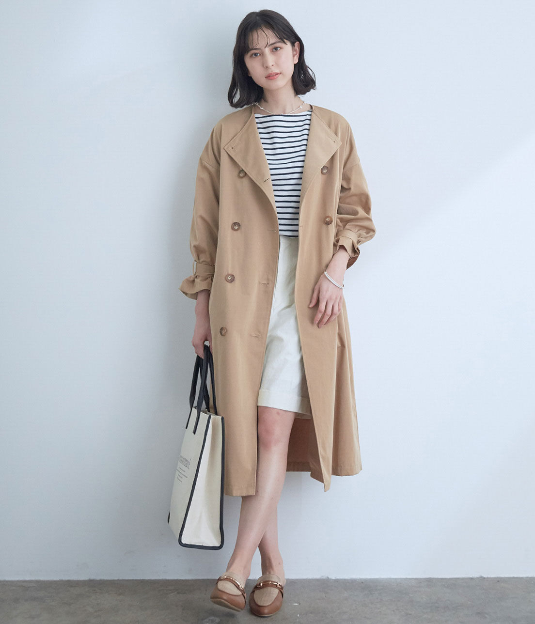 VIS「【撥水】【花粉ガード】ノーカラー袖ボリュームコート」|トレンチコート|