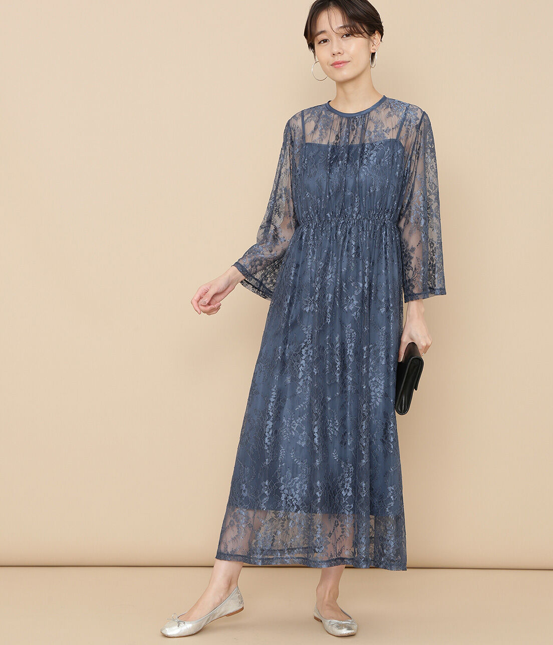 ADAM ET ROPE'「ボーダーレース重ね着ドレス」|ワンピース|ブルー系(46)