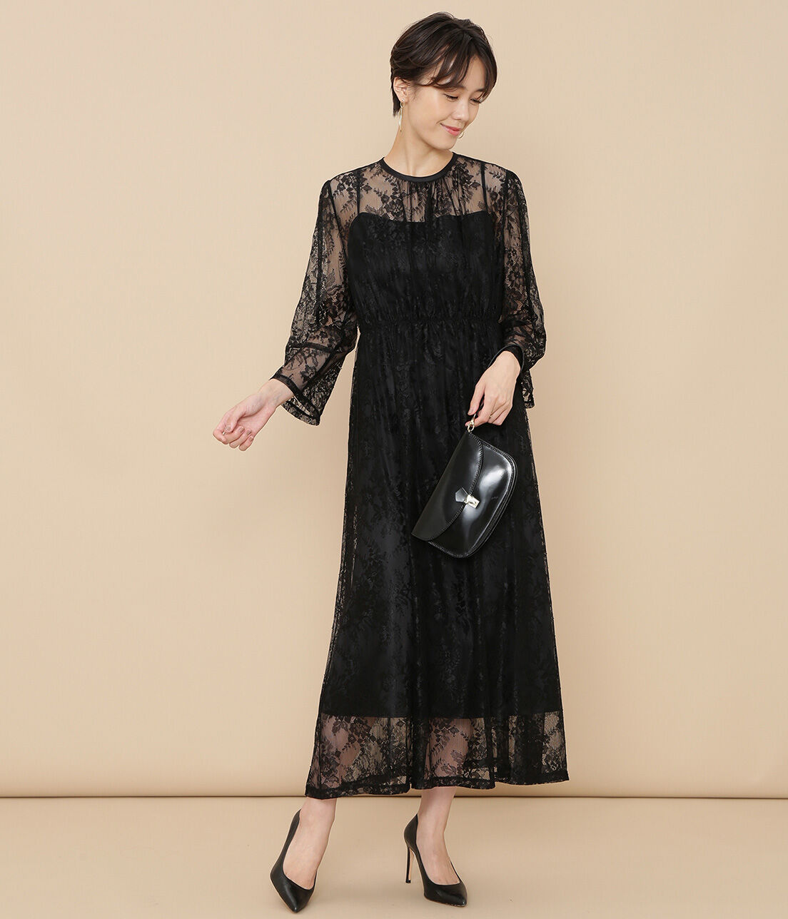 ADAM ET ROPE'「ボーダーレース重ね着ドレス」|ワンピース|