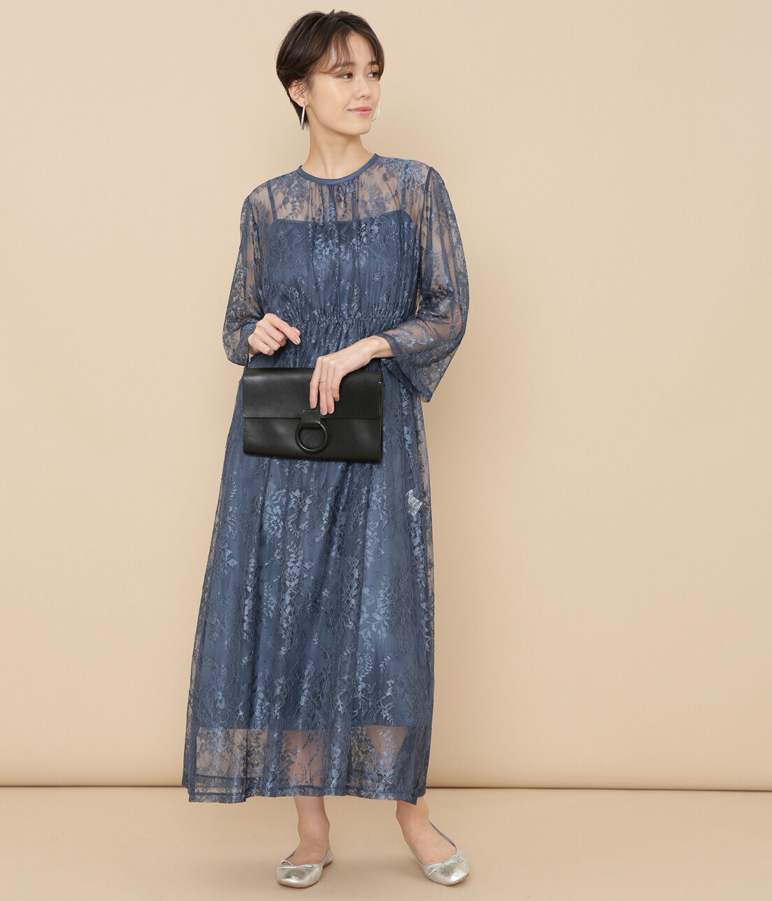 ADAM ET ROPE'「ボーダーレース重ね着ドレス」|ワンピース|