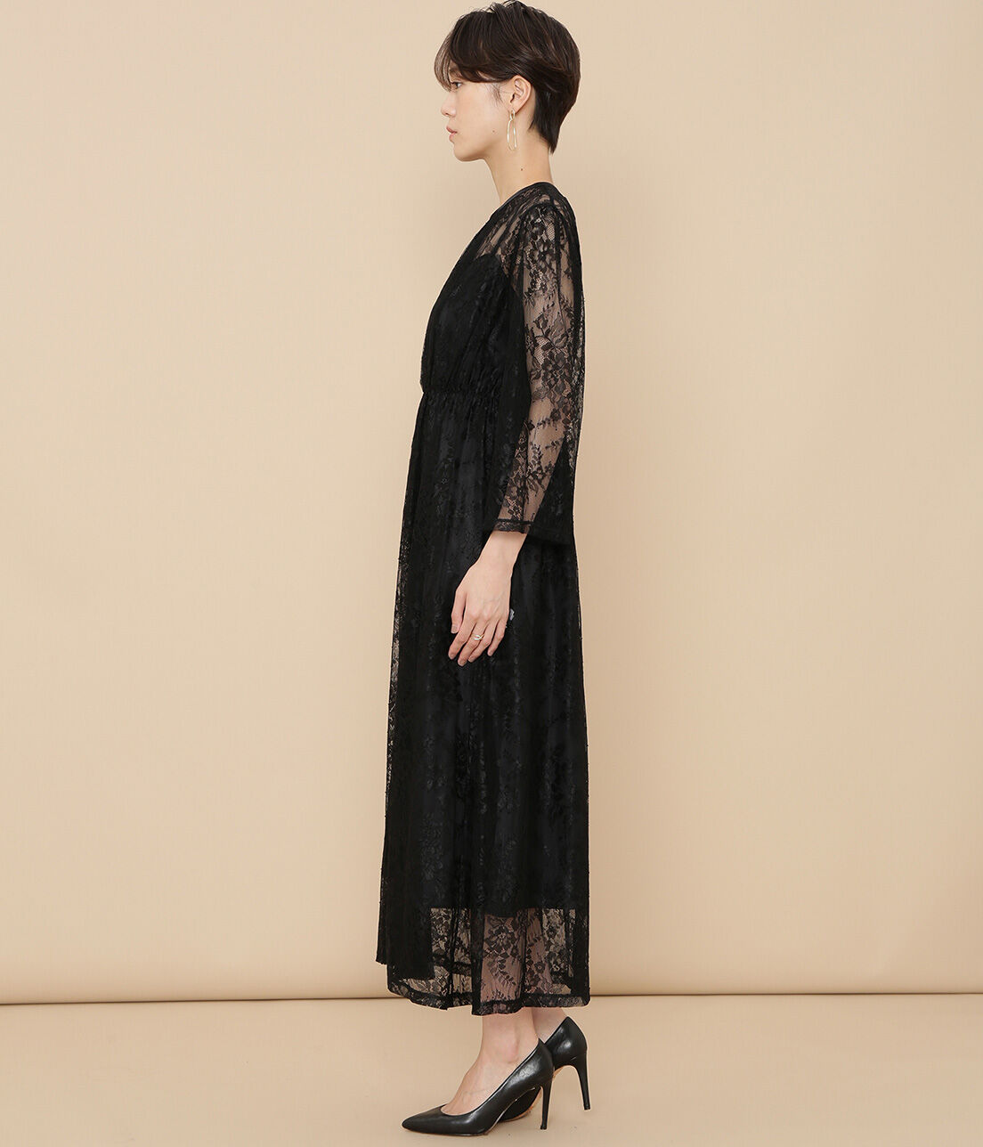 ADAM ET ROPE'「ボーダーレース重ね着ドレス」|ワンピース|