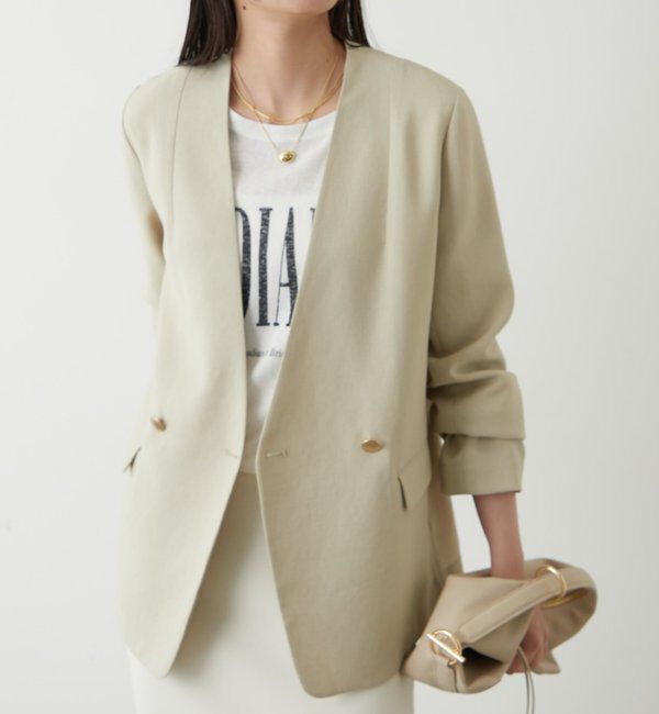  「麻調合繊ノーカラージャケット」|テーラードジャケット|ライトベージュ