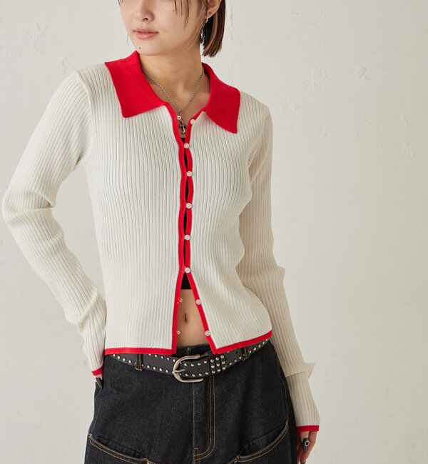  「バイカラー襟付きリブナローカーデ」|カーディガン|