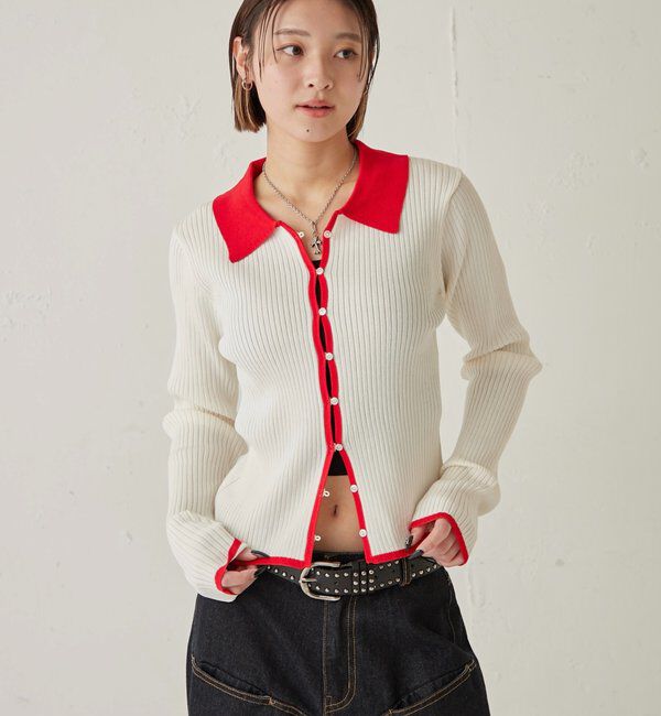  「バイカラー襟付きリブナローカーデ」|カーディガン|