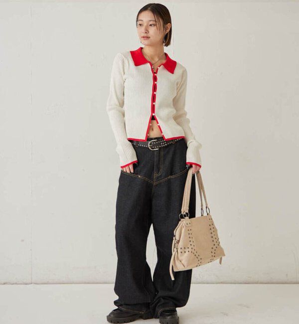  「バイカラー襟付きリブナローカーデ」|カーディガン|