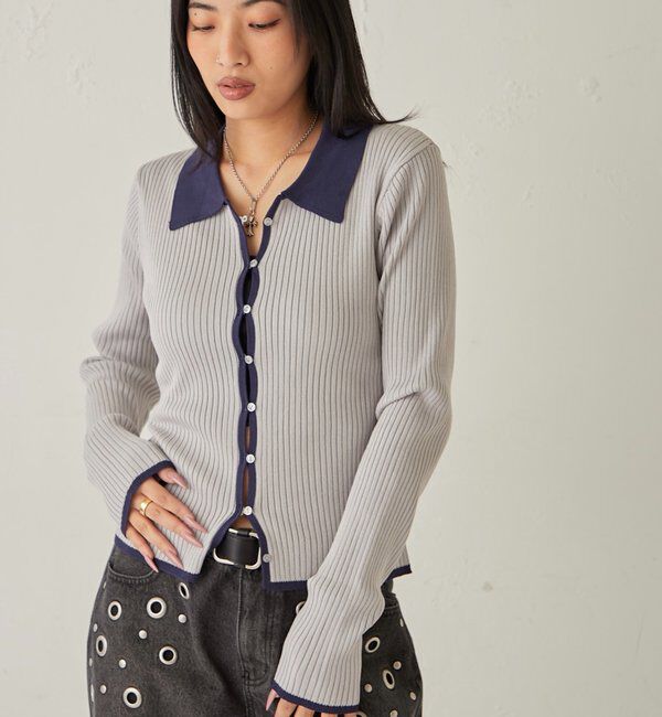  「バイカラー襟付きリブナローカーデ」|カーディガン|