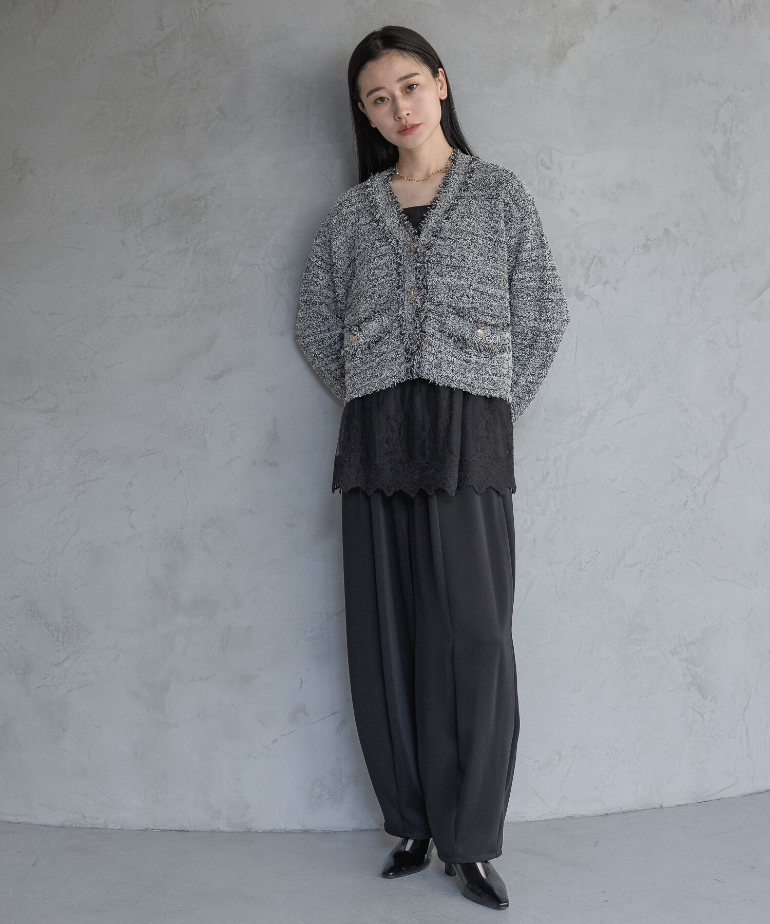 A part by 「フリンジツイードニットVネックカーディガン」|ニット・セーター|