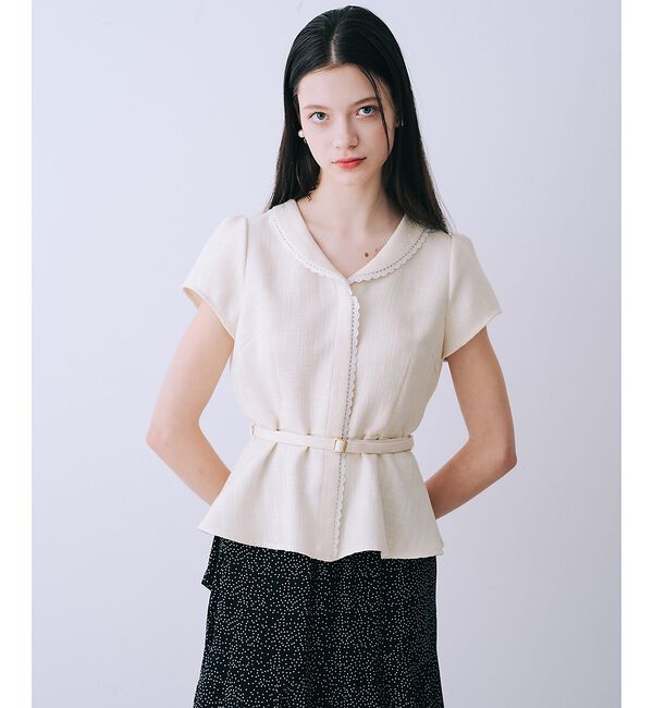 SELFIST「ツイードベルト付半袖ペプラムブラウス【予約】」|シャツ・ブラウス|アイボリー