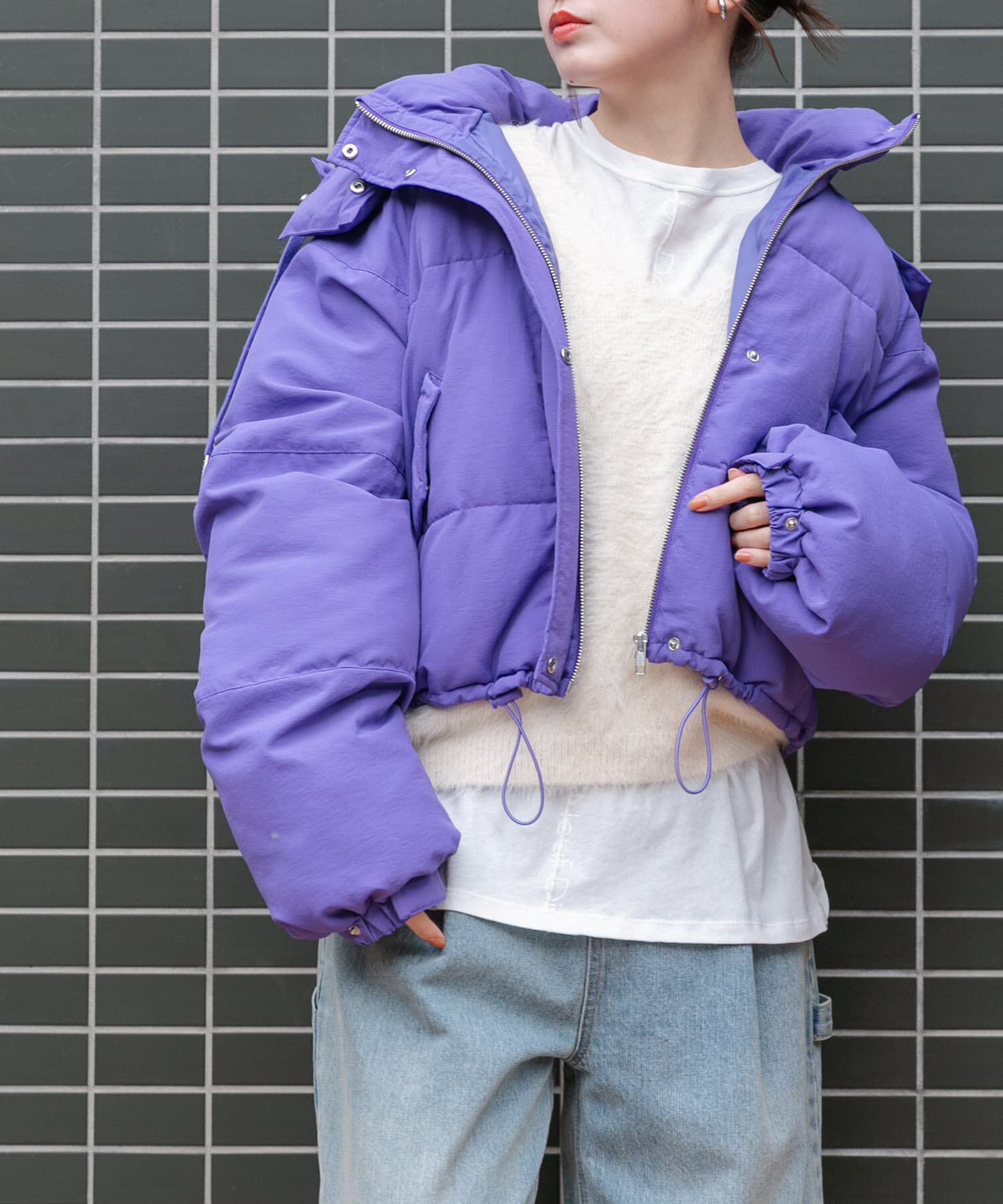  「ショート中綿フードジャケット」|ダウン|パープル